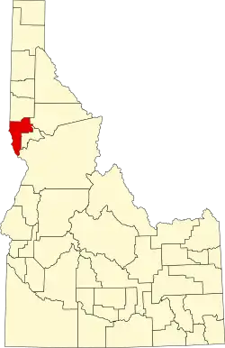 Map of Idaho highlighting Nez Perce County