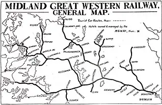 monochrome map of former Midland Great Western railway including the Navan-Kingscourt branch