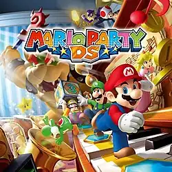 North American packaging artwork, depicting all eight playable characters (Mario, Luigi, Toad, Wario, Waluigi, Princess Peach, Princess Daisy, and Yoshi) as well as Bowser on the Toadette's Music Room game board