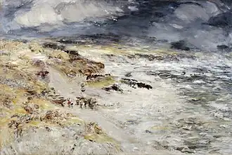 Painting of a sea shore in a rough weather.
