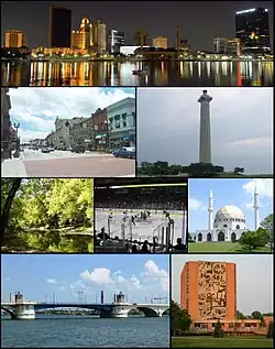 Images, from top left to right: Toledo Skyline, Downtown Bowling Green in 2003, Put-in-Bay, Goll Woods Nature Preserve in Fulton County, Toledo Walleye game, Islamic Center of Greater Toledo in Perrysburg Township, MLK Bridge in Toledo, and the Jerome Library in Bowling Green.