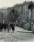 Military parade in Vienna (two-color flags), 1913