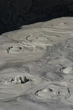 A mudpot bubbling hydrogen sulfide