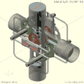 MultiFAZE mechanism (1982) in a 90° X4 engine with crossheads, trammel gears, and reciprocating balance weights/sliders.