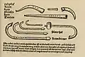 Page from Sebastian Virdung's 1511 book Musica Getutscht und Ausgezogen. Top left corner: a curved cornett labeled Zincken. Below it is a straight cornett, also Zincken. Top right corner, a Gemshorn