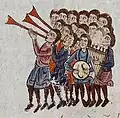 13th century, Palermo Sicily. Musicians playing rota, busines and drum welcome Emperor Nikephoros II Phokas, from Skylitzes Chronicle (Cod. Vitr. 26-2, folio 145b)