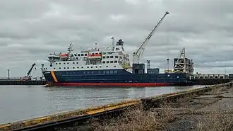 Motor vessel Bella-Desgagnes[11] loading at Rimouski-Est, port, St. Lawrence Estuary, Quebec[12]