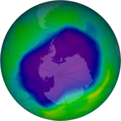 Image of the largest Antarctic ozone hole recorded to date (September 2006).