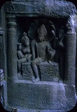 High relief sculpture of Naga couple, from Ajanta Cave #19, Maharashtra, India. 500-1000 BCE[77]