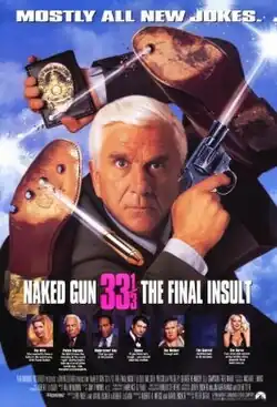 Lt. Frank Derbin has his legs cartoonishly stretched to the sides of his head, and fires a gun that ricochets on the sides of the poster with the bullet going through his shoes.