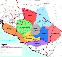 Location of the original chiefdom (luak) of Naning (in purple) in Negeri Sembilan, at the time of Raja Melewar's accession in 1773