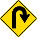 Dangerous curve greater than 120 degrees, to right