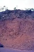 From top to bottom: lateritic crust (iron cap), soft limonite, ultramafic rock basement in Yaté, New Caledonia.