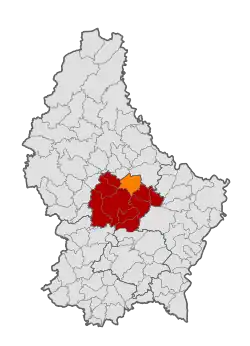Map of Luxembourg with Nommern highlighted in orange, and the canton in dark red