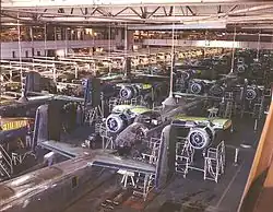 B-25 Mitchell bomber production line at the North American Aviation plant, Inglewood, California, October 1942.