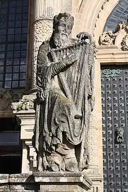1168 to 1211 A.D. Sculpture by Master Mateo of David playing probable rotte (by this era, harps had a different shape). Instrument is similar to those drawn in Utrecht Psalter.