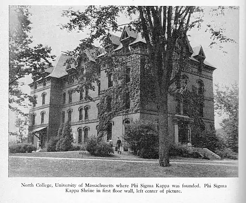 Old North College, the dorm and classroom building where Phi Sigma Kappa was founded on March 15, 1873. "The Shrine," a memorial to Clark and the other five Founders, is visible adjacent to the front doorway.