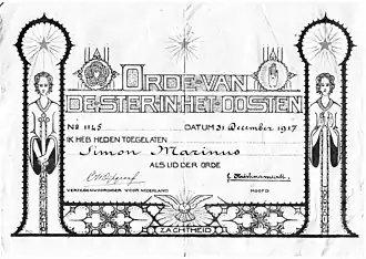 Reproduction of membership certificate of the Order of the Star in the East