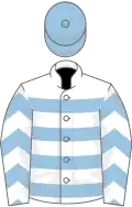 White, light blue hoops, chevrons on sleeves, light blue cap