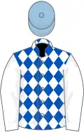 Royal Blue and White diamonds, White sleeves, Light Blue cap