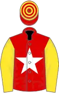 Red, white star, yellow sleeves, red and yellow hooped cap