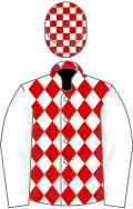 White and red diamonds, white sleeves, check cap