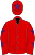 Red, purple stars on sleeves, red cap, purple star