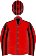 Red, black seams, striped sleeves and cap