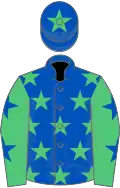 Royal blue, emerald green stars, emerald green sleeves, royal blue stars, royal blue cap, emerald green star