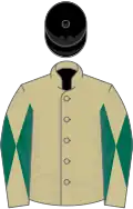 Beige, dark green diabolo on sleeves, black cap
