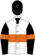 White, orange hoop, black sleeves, orange armlets, black cap