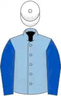 Light blue, royal blue sleeves, white cap