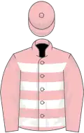 Pink, white hoops, pink sleeves and cap