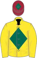 Yellow, dark green diamond, maroon cap, dark green diamond