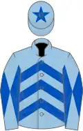 Light blue, royal blue chevrons, diabolo on sleeves, light blue cap, royal blue star