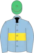 Light blue, yellow hoop, emerald green cap