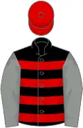 Black and red hoops, grey sleeves, red cap