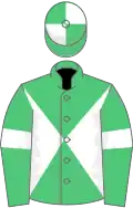 Emerald green and white diabolo, white sleeves, emerald green armlet, emerald green and white quartered cap