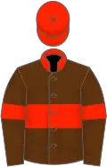 Brown, scarlet hoop, armlets, collar and cap