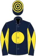 Dark blue, yellow disc, diabolo on sleeves, hooped cap