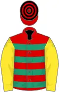 Red and emerald green hoops, yellow sleeves, red and black hooped cap