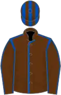Brown, royal blue seams, striped cap