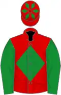 Red, green diamond, green sleeves and diamonds on cap