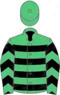 Emerald green, black hoops, chevrons on sleeves