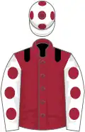 MAROON, black epaulettes, white sleeves, maroon spots, white cap, maroon spots