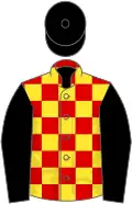 Red and yellow check, black sleeves and cap