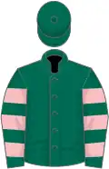 Dark green, dark green and pink hooped sleeves, dark green cap