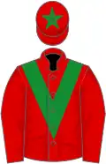 Red, emerald green chevron, red sleeves, red cap, emerald green star