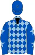 Royal blue and light blue diamonds, royal blue sleeves, light blue stars, royal blue cap