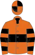 Orange, black hoop, hooped sleeves, quartered cap